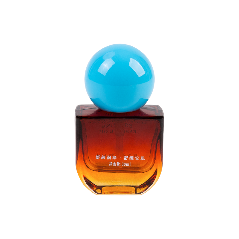 Garrafa de vidro âmbar de 30 ml com tampa de abdomentação azul céu